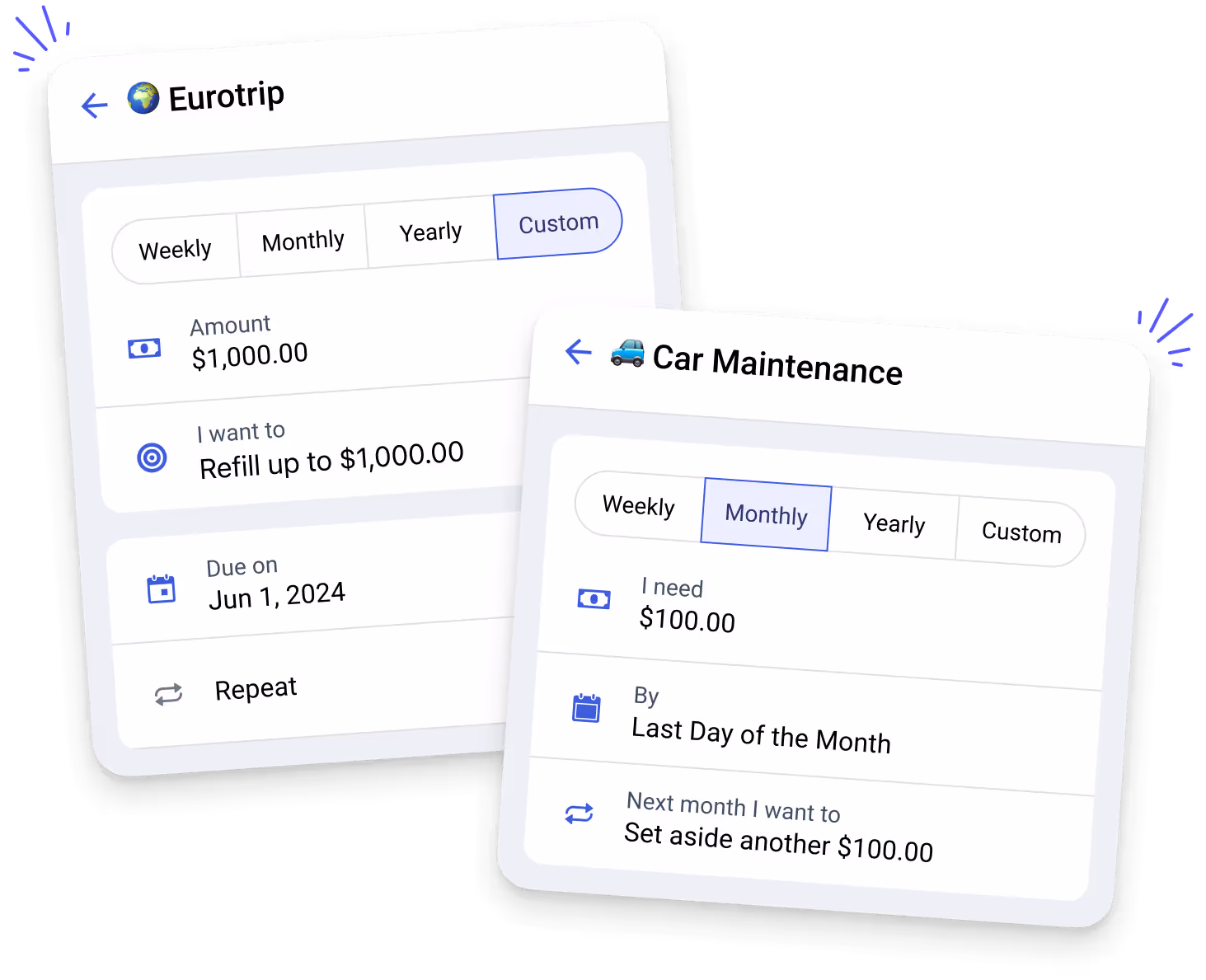 YNAB target settings for two sinking fund categories: Car Maintenance set to $100 a month and Eurotrip refilling up to $1,000