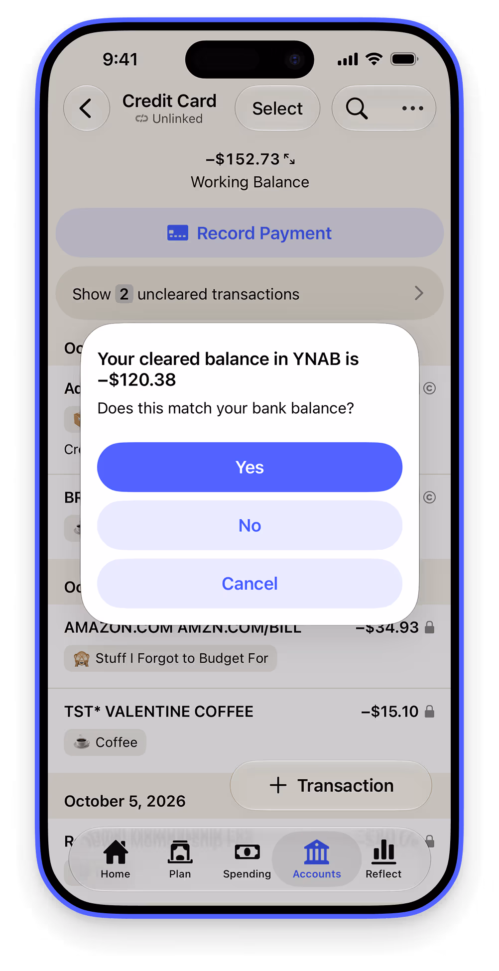YNAB reconcile prompt on a credit card account asking whether the cleared balance of –$120.38 matches the bank