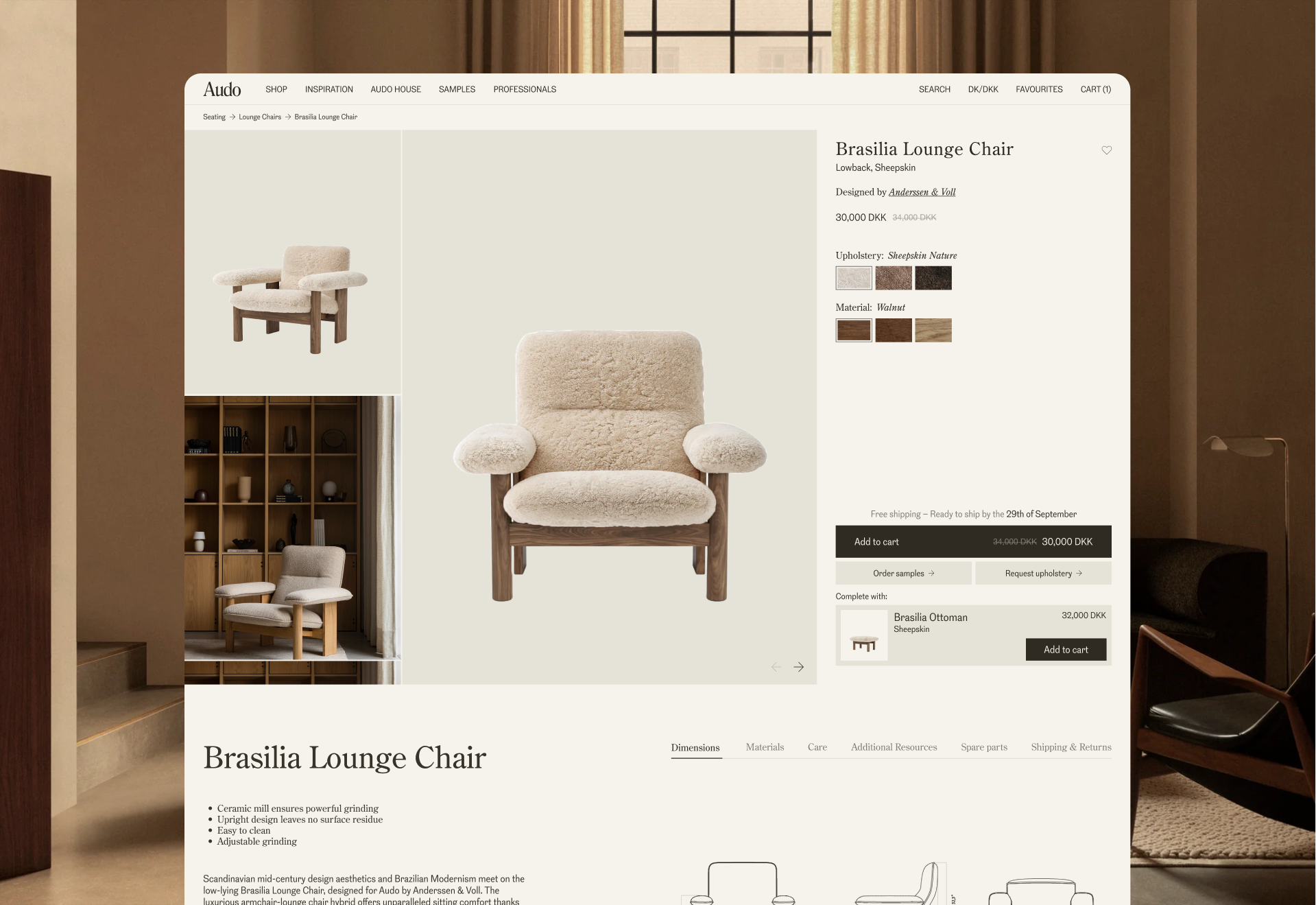 Brasilia Lounge Chair in sheepskin with walnut wood frame on a minimalist product page.