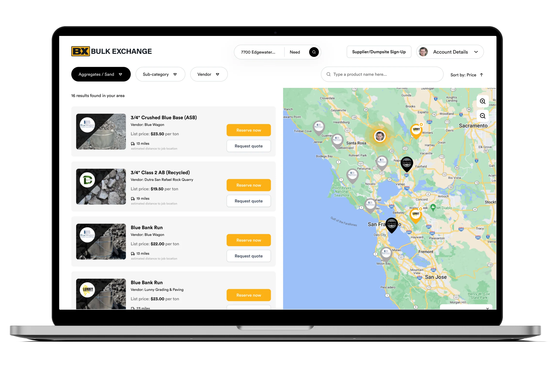 Screen with main searching feature of the platform having the products displayed on the right and a map with vendors on the left. 
