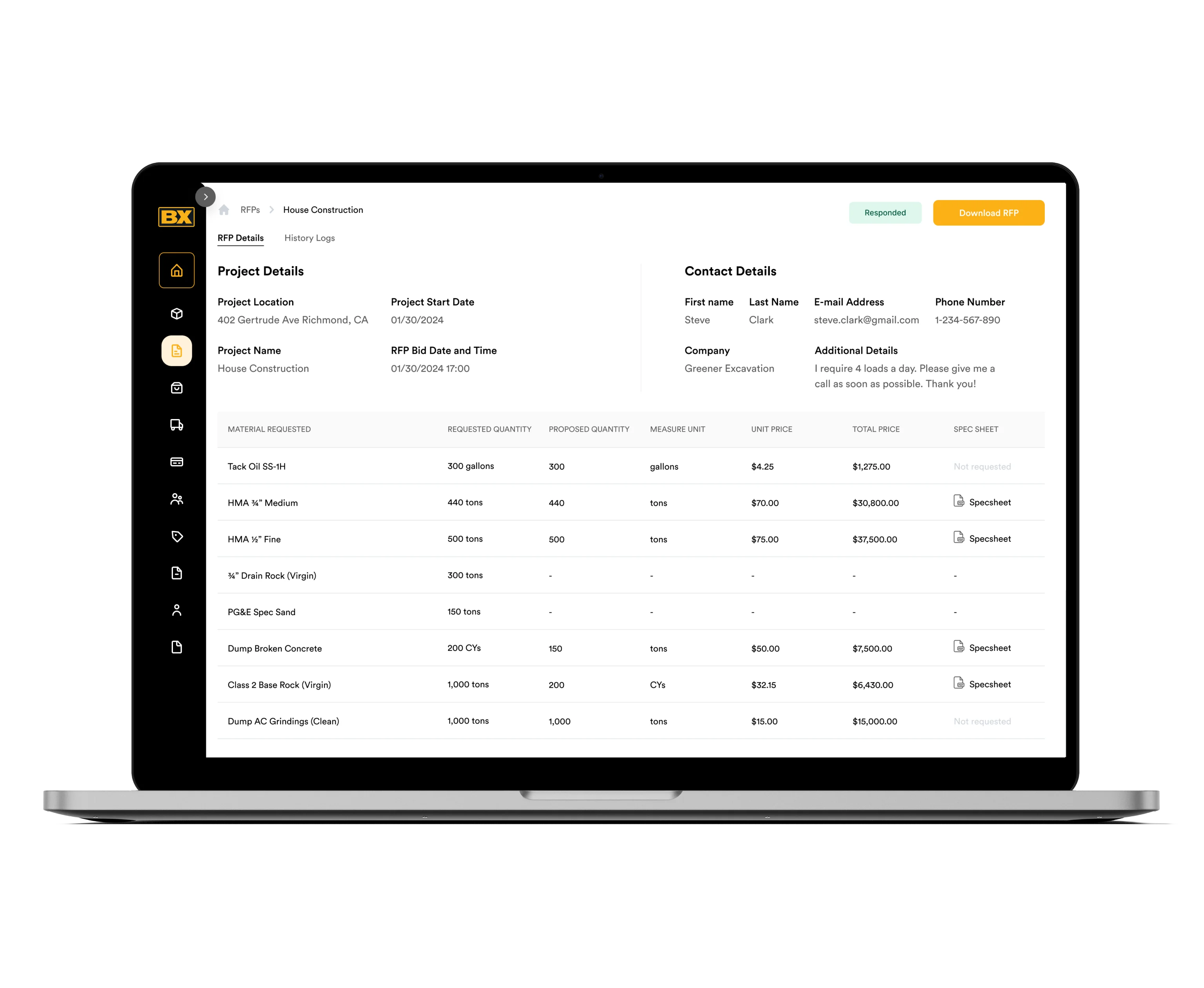 A laptop with a screen showcasing the details of an RFP.