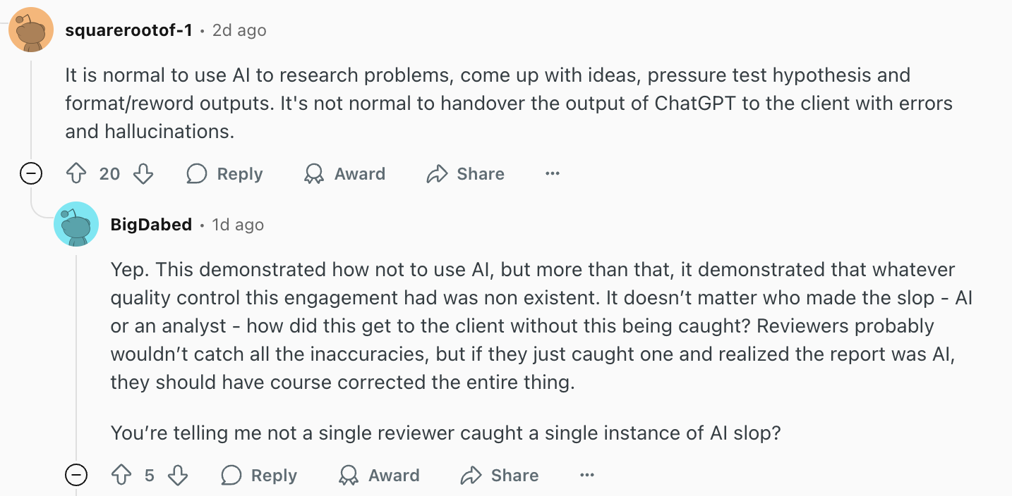 Reddit users discuss Deloitte’s AI report scandal, criticizing lack of quality control and unchecked AI-generated content.