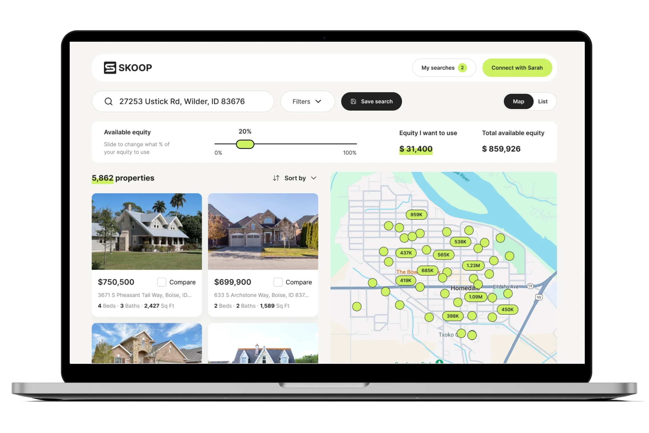 Screen with main searching feature of the platform having the products displayed on the right and a map with vendors on the left.
