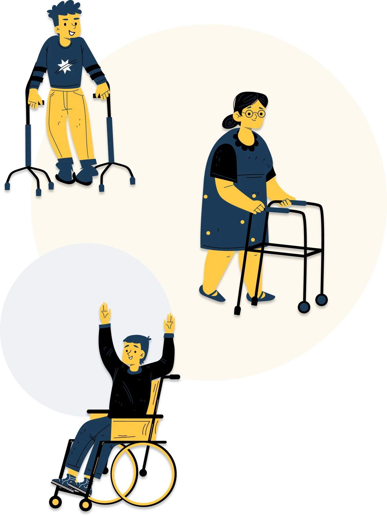 Illustration of people with mobility aids, including a wheelchair and a walker
