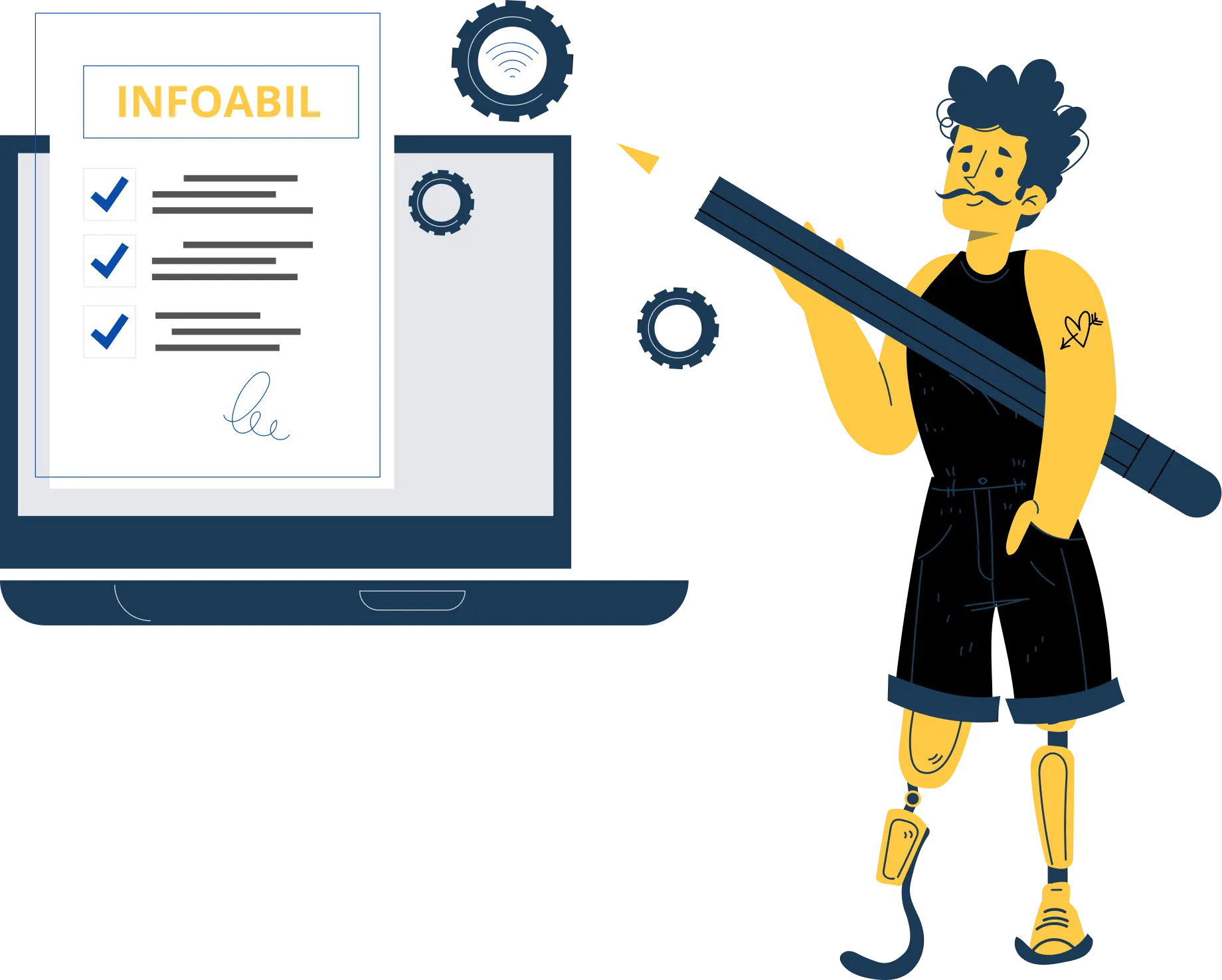 Illustration of a person with a prosthetic leg next to a laptop with a checklist