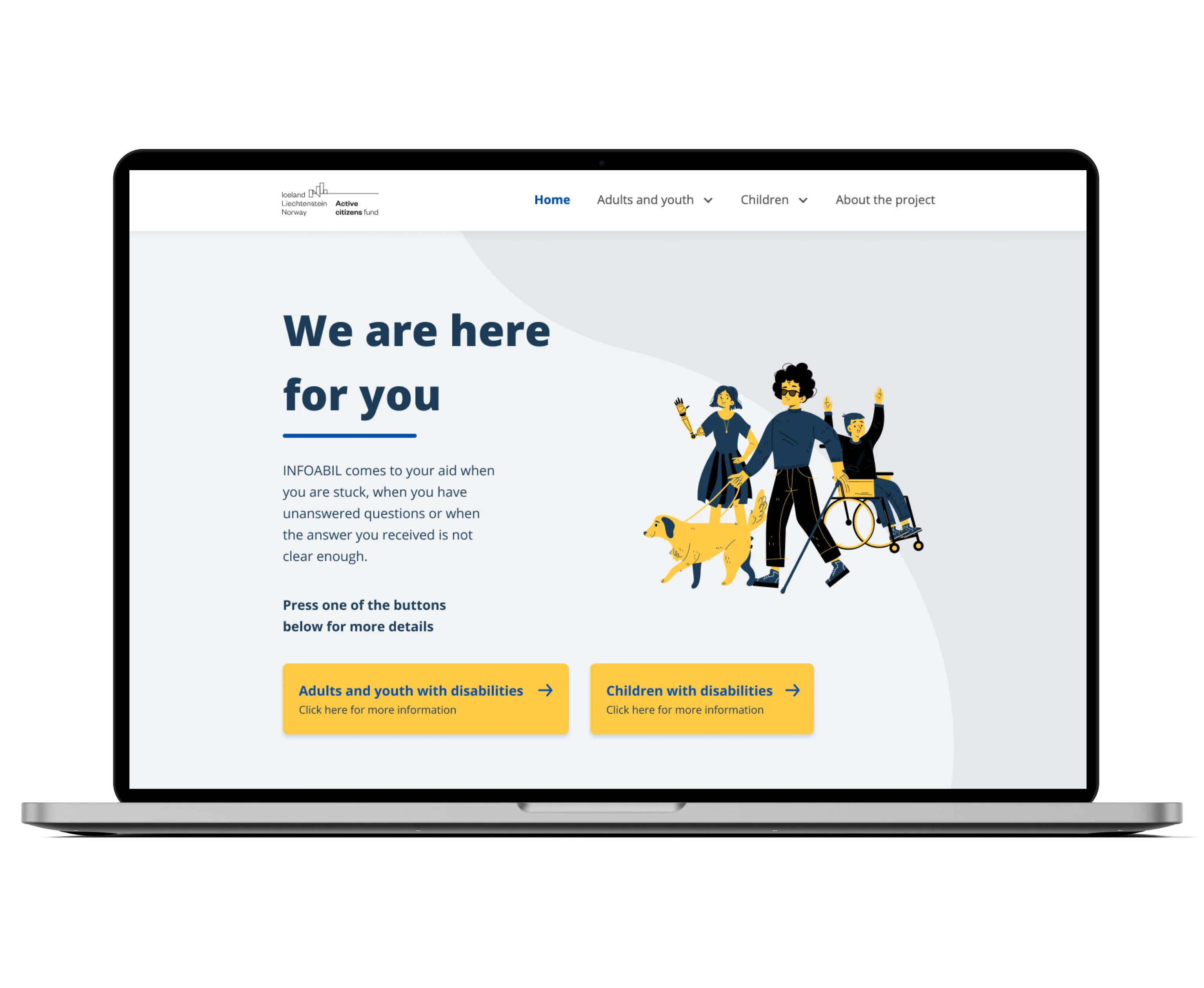 Infoabil website homepage with the headline We are here for you, shown on a laptop