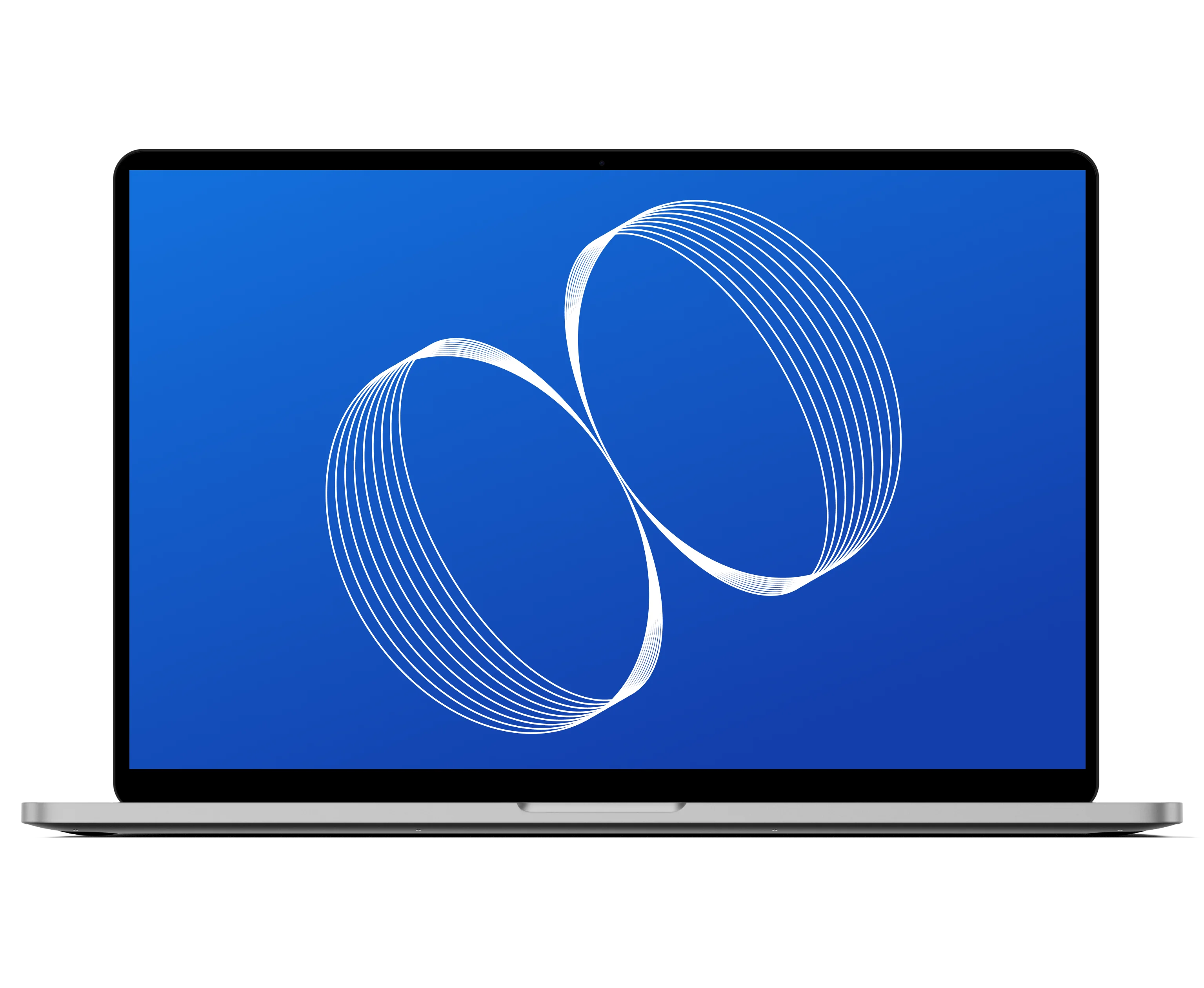 Laptop screen showing an abstract blue wireframe graphic