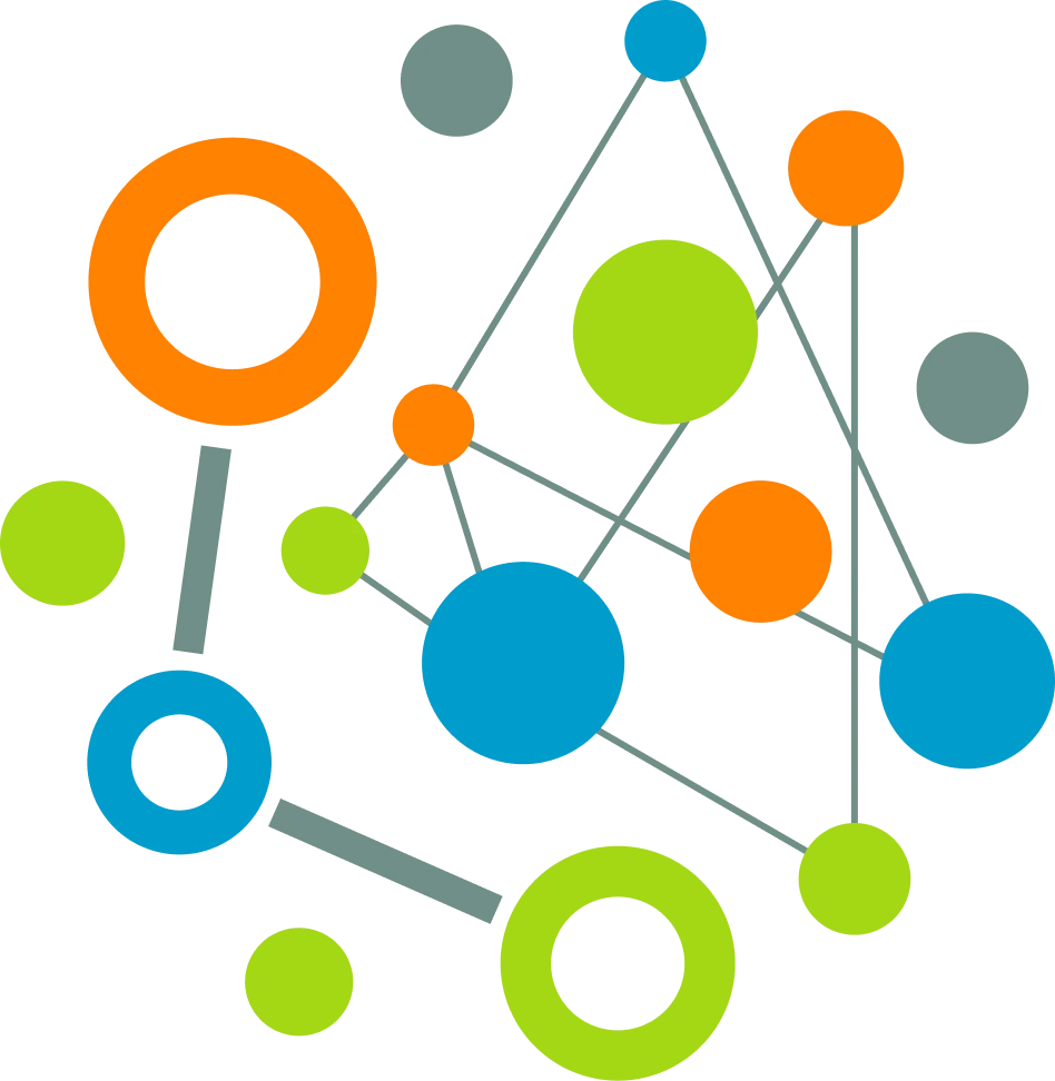 Illustration of a connected network of colorful nodes