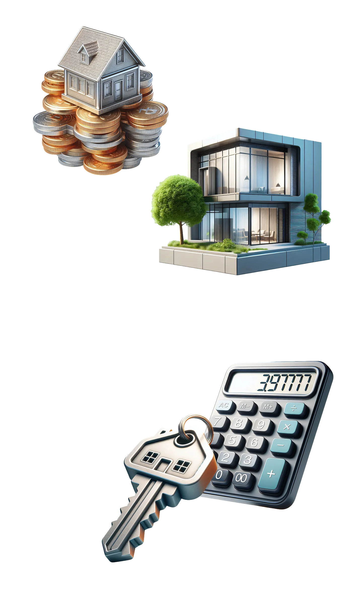 Illustrations of houses, house keys and a calculator