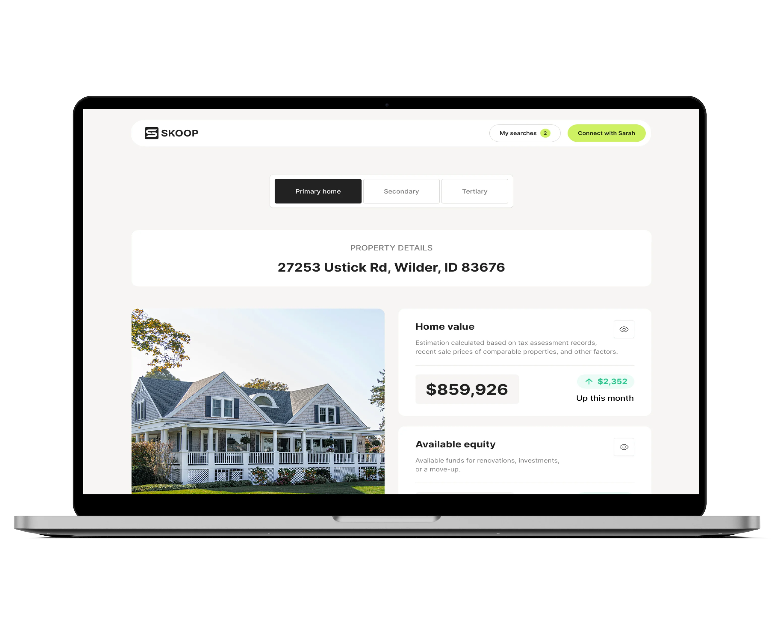 Skoop property listing page shown on a laptop