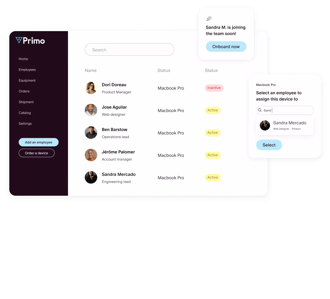 User interface of Primo employee device management showing a list of employees with device status, a notification for Sandra M. joining the team, and a search panel to assign devices.