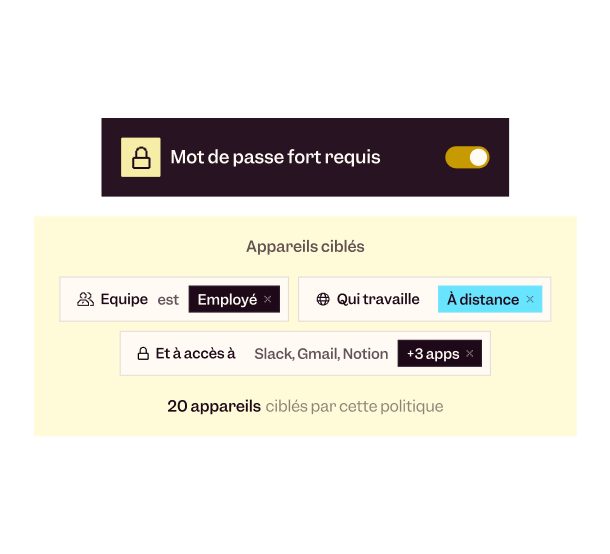 Interface showing a toggle switch for strong password requirement enabled and targeted devices settings filtering for employee team working remotely with access to Slack, Gmail, Notion, and 3 more apps, totaling 20 devices.