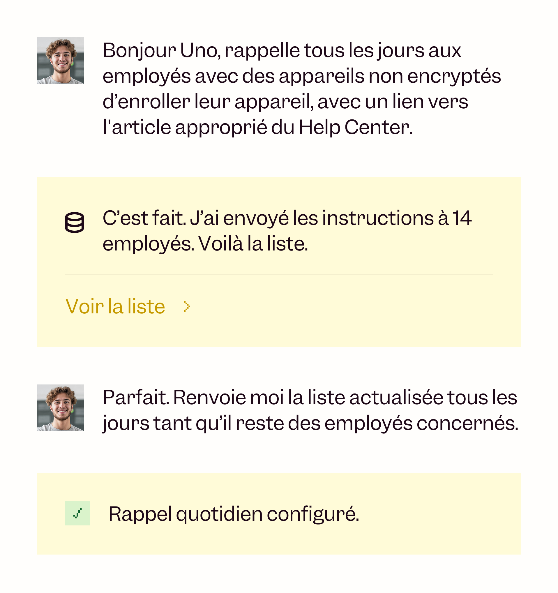 Chat conversation with a young man’s profile photo discussing daily reminders for employees to enroll devices, confirmation of instructions sent to 14 employees, and setup of a daily reminder.
