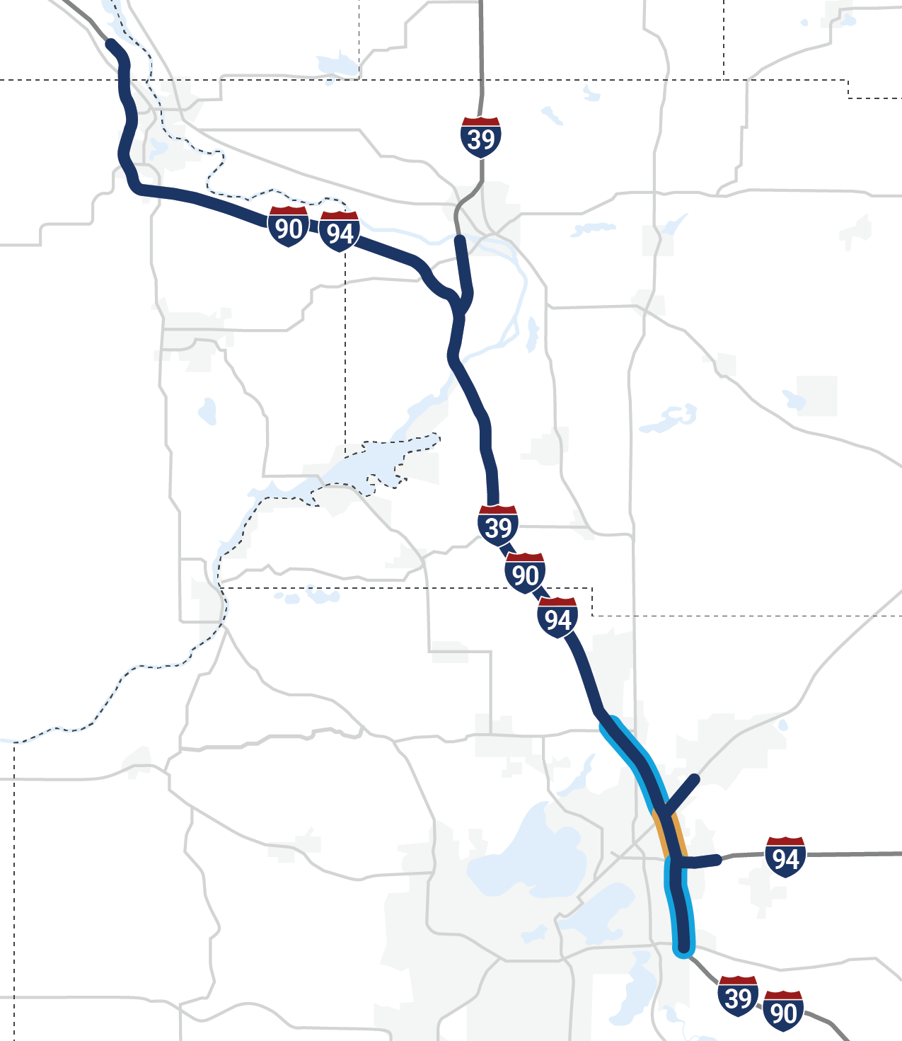 Map of the I-39/90/94 project corridor with location markers at each project interchange. The portion of the corridor between WIS 19 and US 12/18 shows the planned auxiliary lanes and collector-distributor roads.
