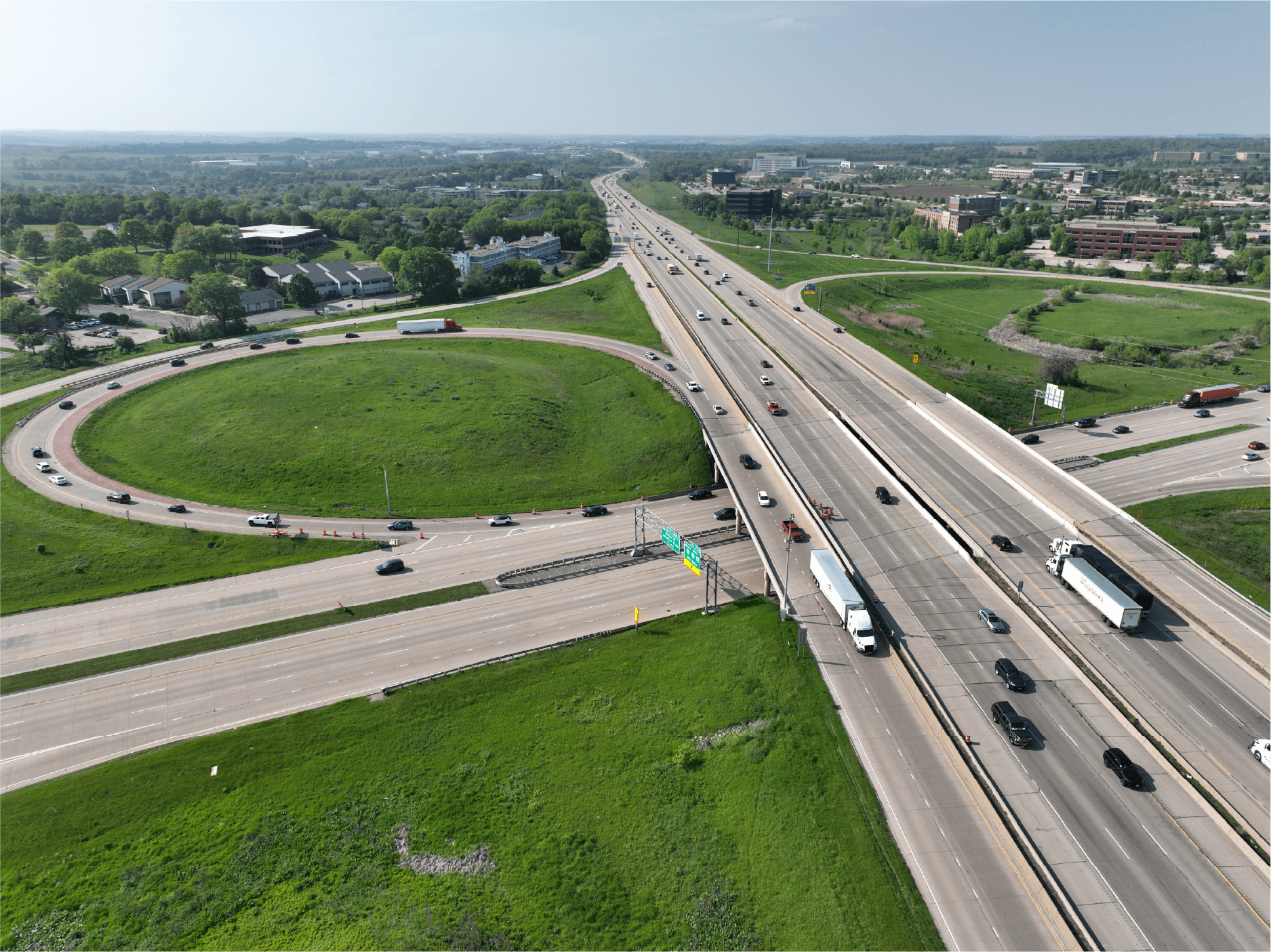 A bird’s eye view of the US 151 interchange along the I-39/90/94 corridor.