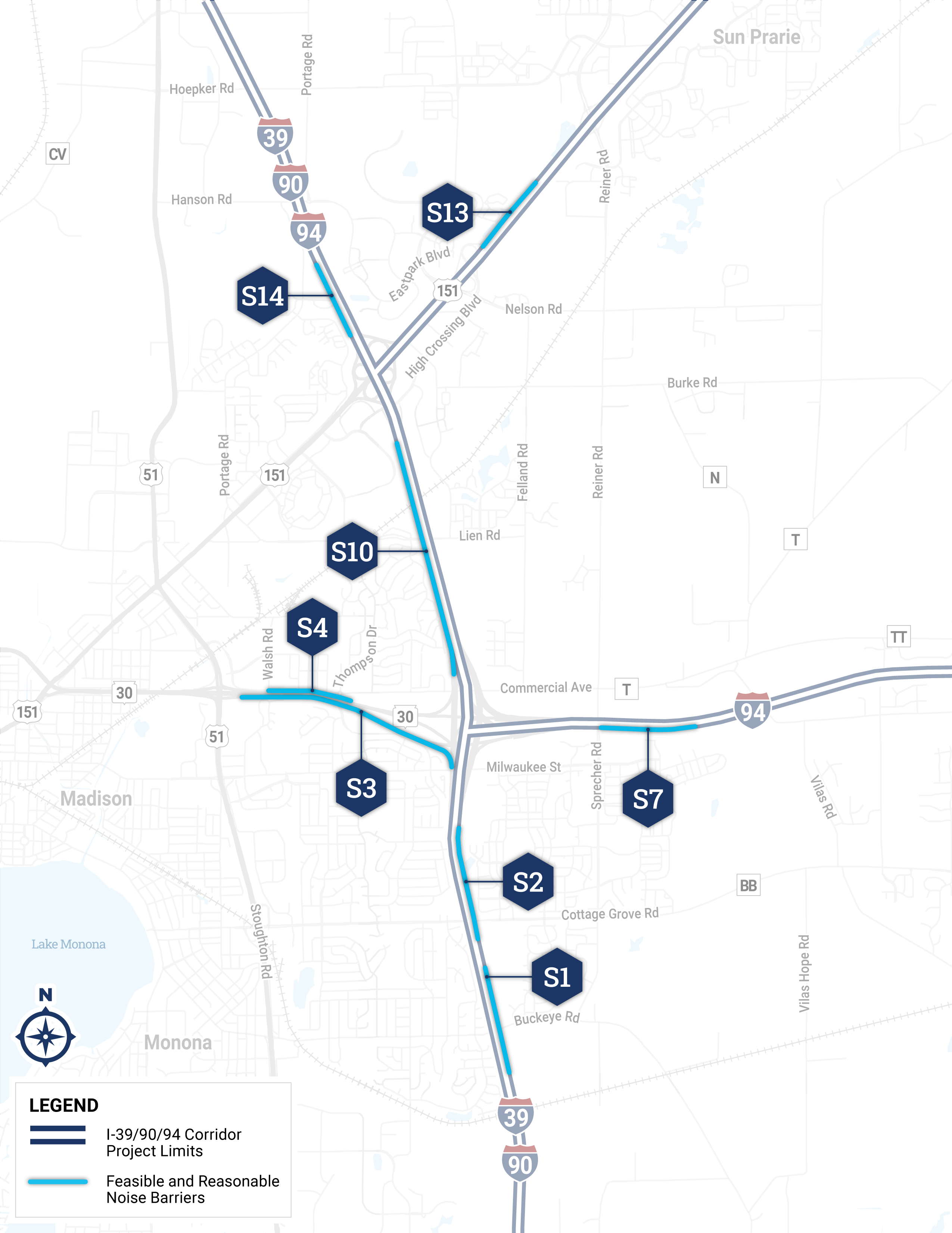 Map of the I-39/90/94 corridor in Madison (South) showing proposed noise barrier locations labeled S1 through S14 along the highway. 