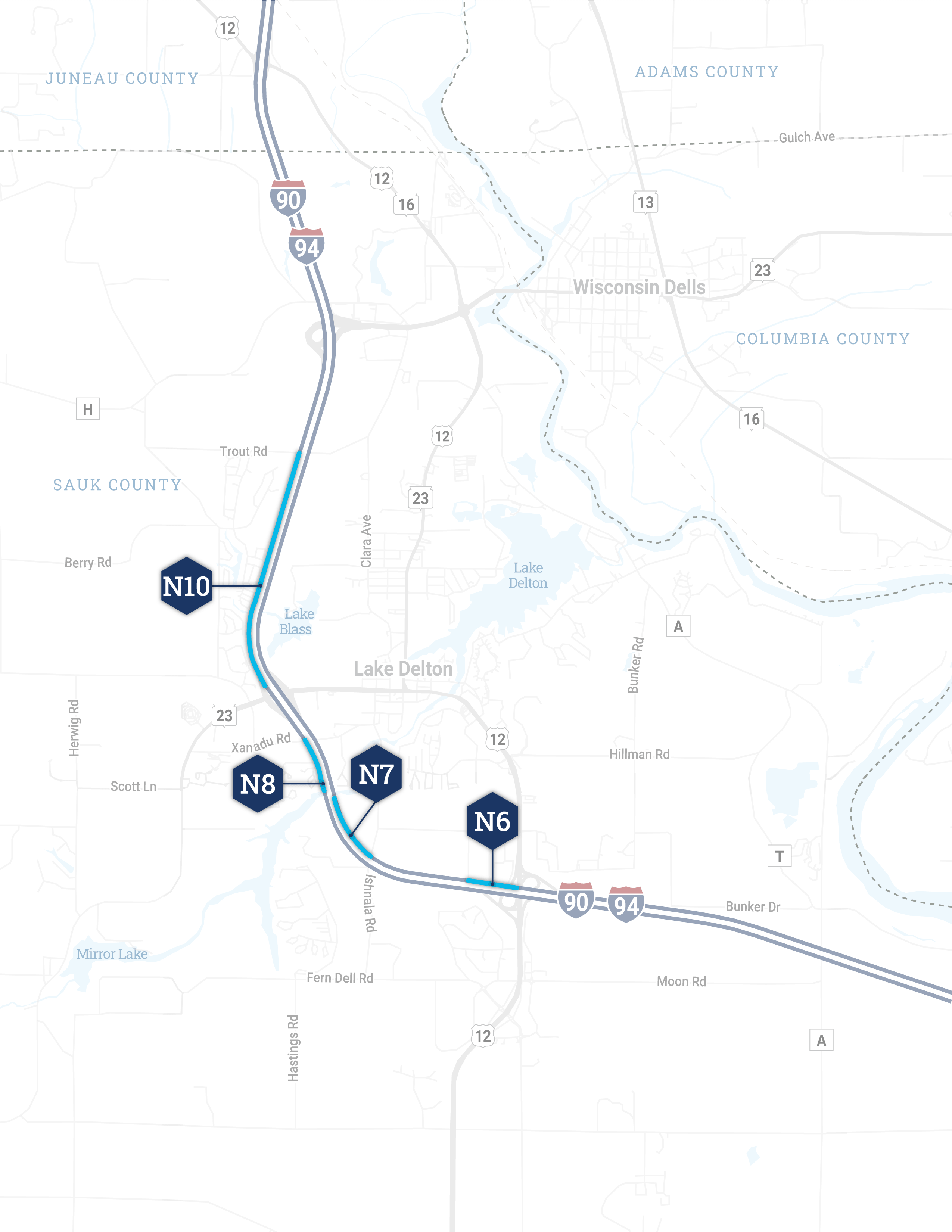 Map of the I-39/90/94 corridor near Wisconsin Dells (North) and Lake Delton showing proposed noise barrier locations labeled N6 through N10 along the highway. 