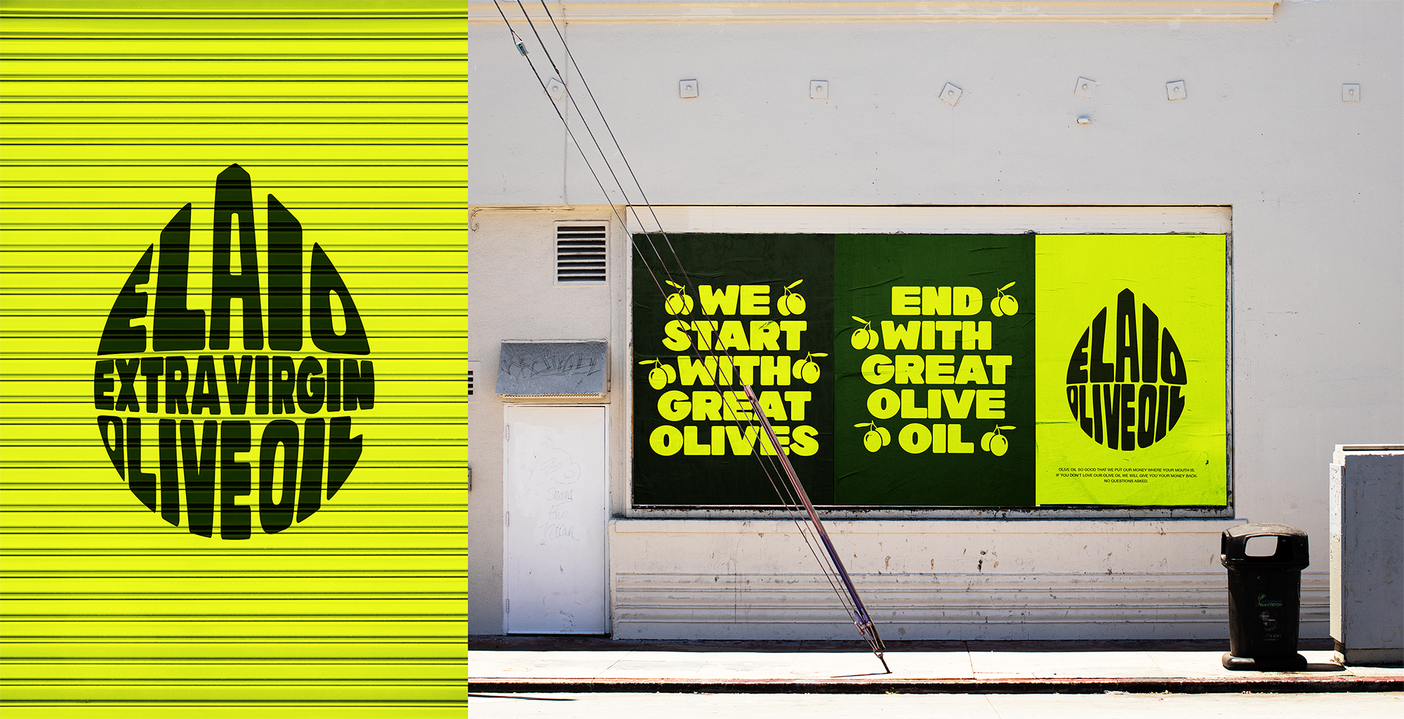 Elaio logo on a neon yellow metal door next to 3 marketing posters for Elaio Olive Oil.