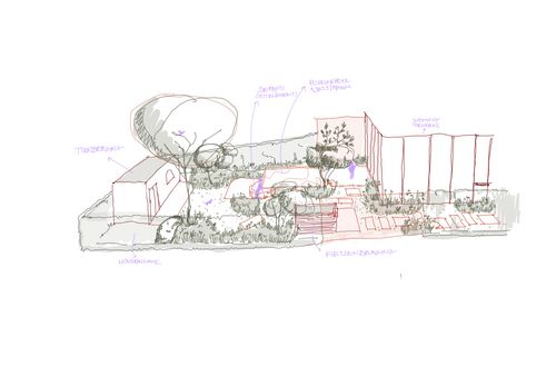 Handgetekende tuinontwerp met bomen, struiken, zitgedeelte, fietsberging, tuinhuisje en woning met keuken.