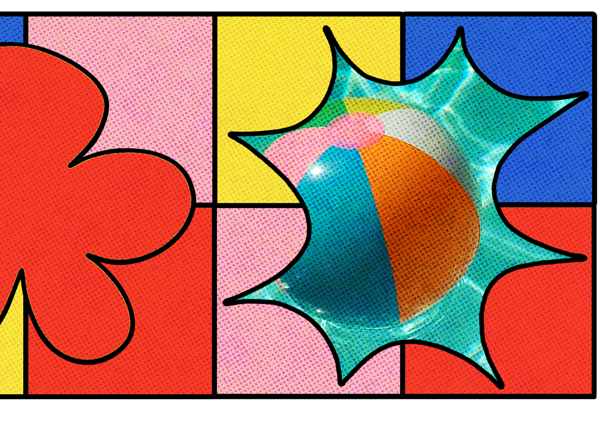 A beach ball floating in a pool appears through a comic-style burst shape on a colorful, Mondrian-inspired background.