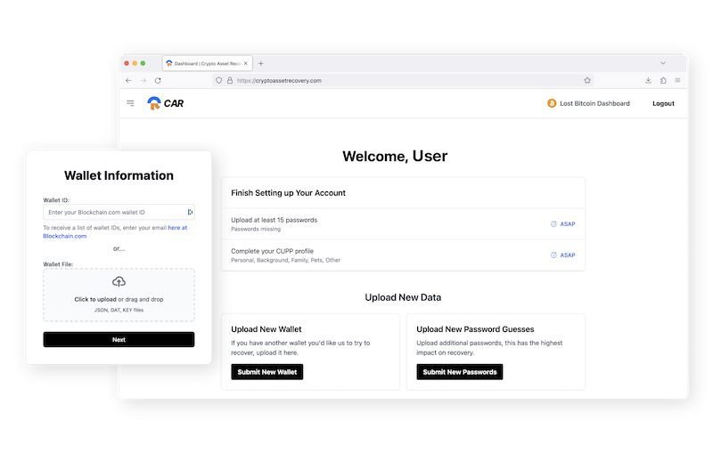A render of the Crypto Asset Recovery user dashboard.