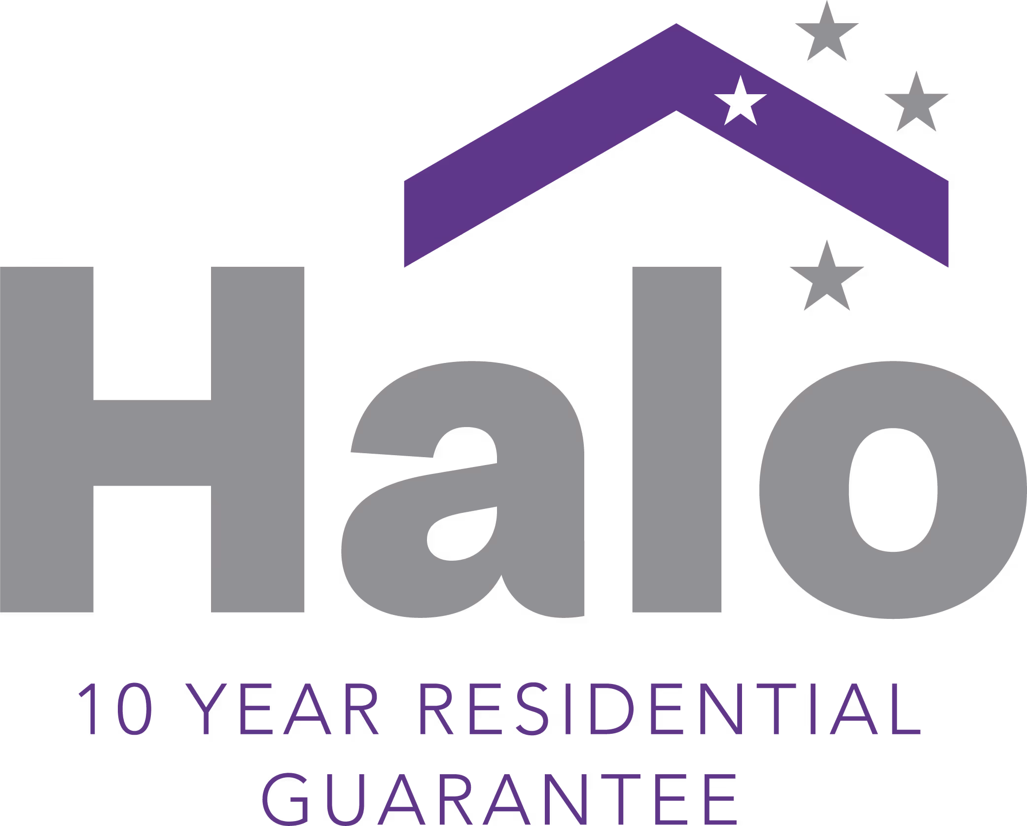Halo logo with a stylized purple roof and stars above the text '10 Year Residential Guarantee' below.