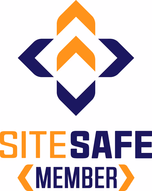 SiteSafe Member logo with geometric shapes in orange and navy blue above the text.