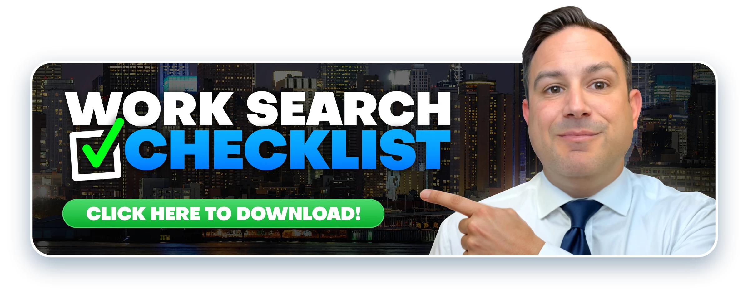A graphic with Rex pointing to text that says "work search checklist: Click here to download"