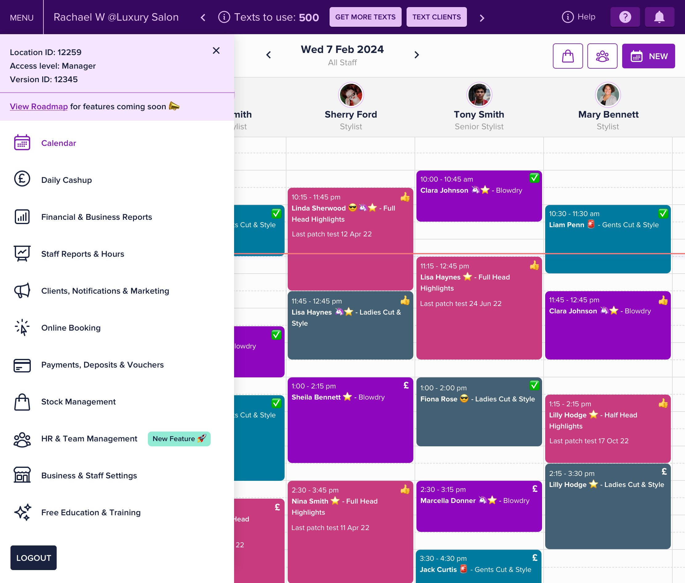 Slick calendar showing a day of colour-coded appointments for each stylist