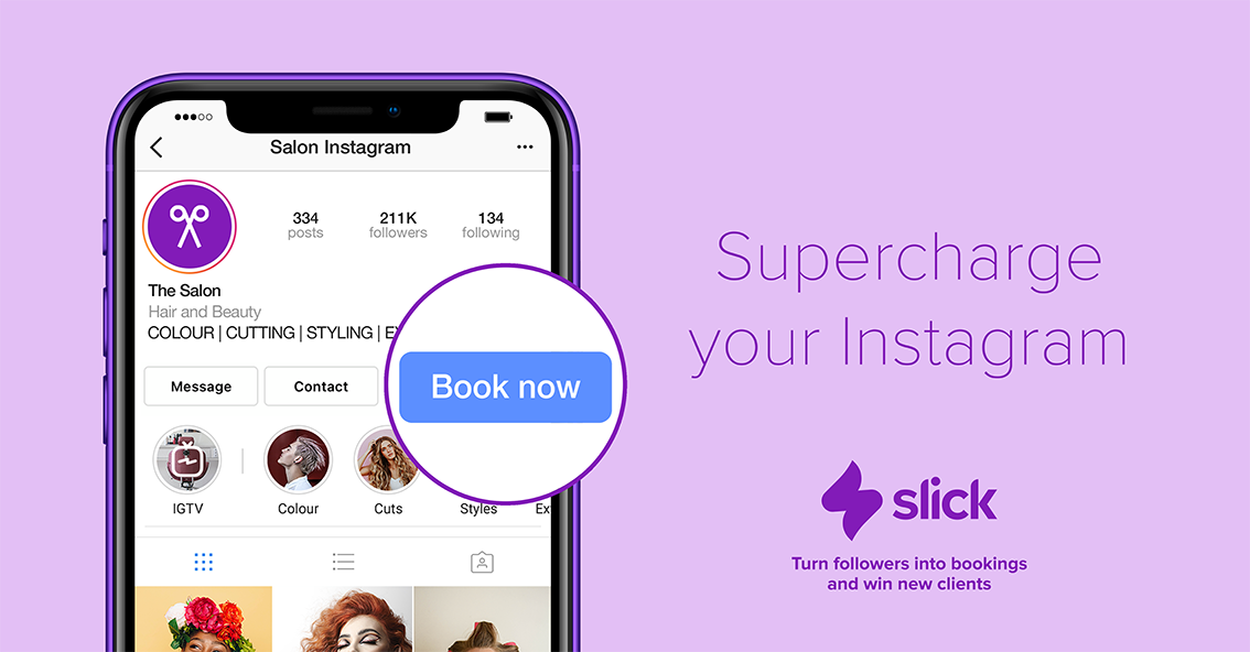 Salon Instagram profile with a "Book now" button, next to the text "Supercharge your Instagram" and the Slick logo