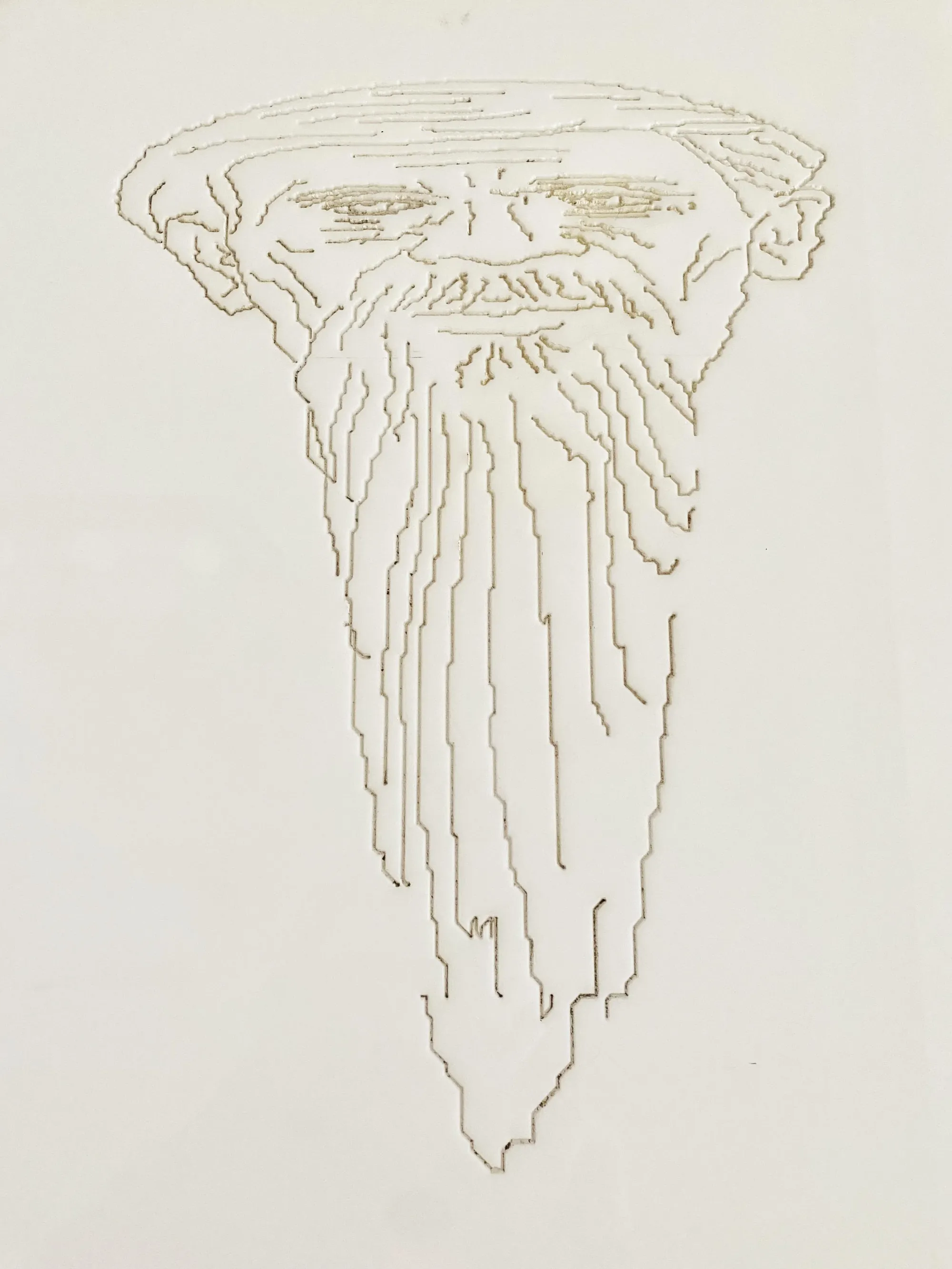 Drawing of a bearded man's head, the beard falling in long vertical lines