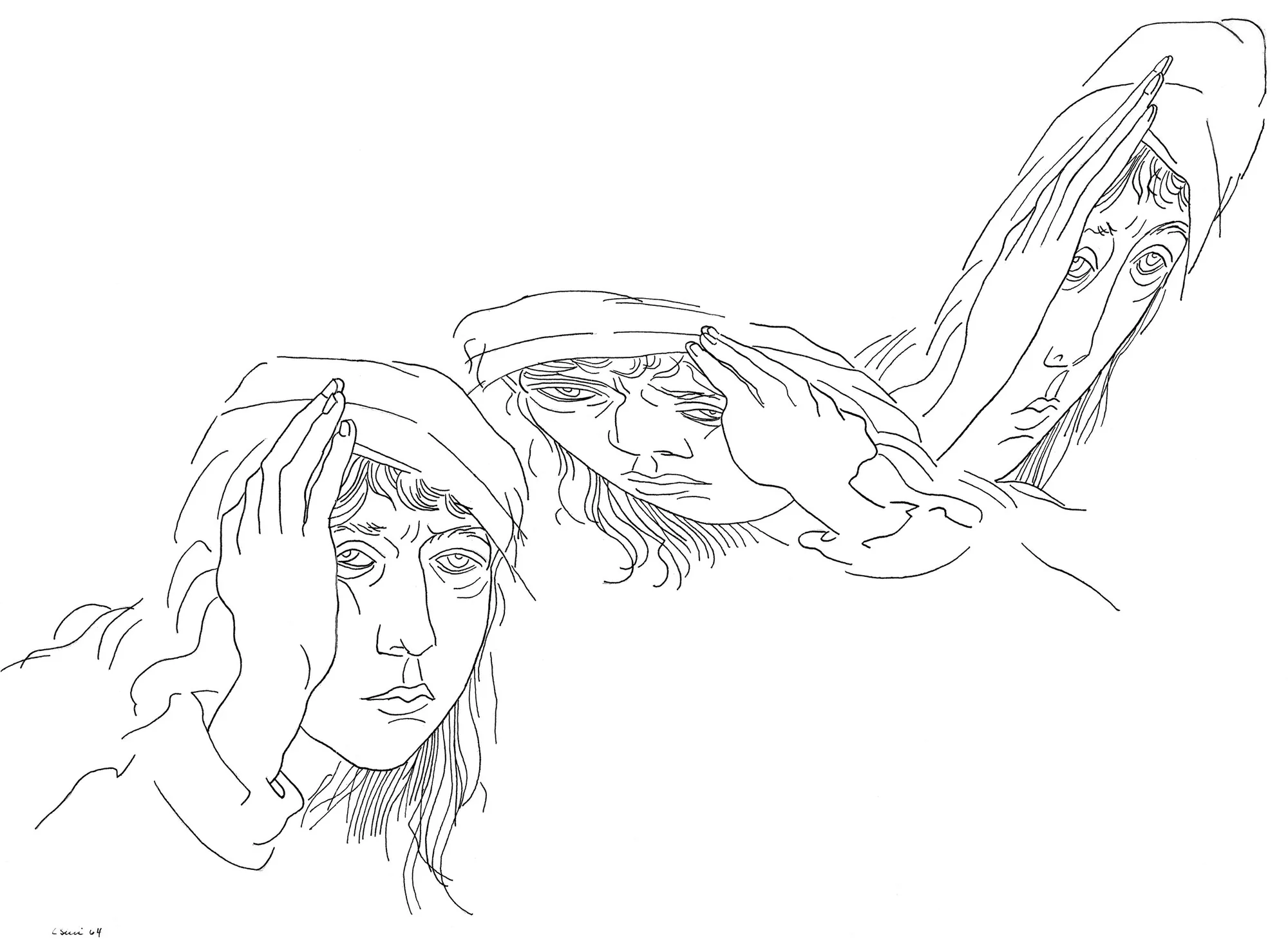 Line drawing of three studies of a head resting on a hand, after Albrecht Durer