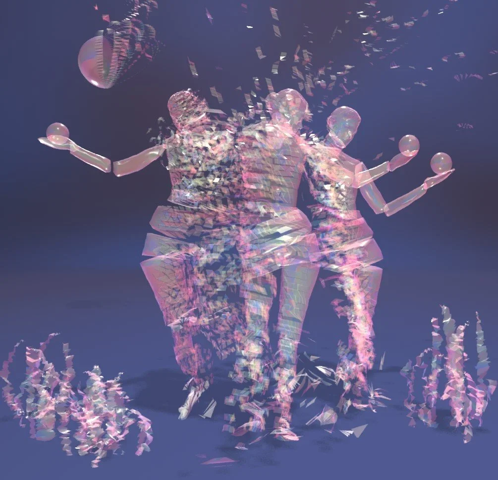 Rendering of translucent glass-like dancing figures holding spheres, in pink and violet against a blue-violet ground