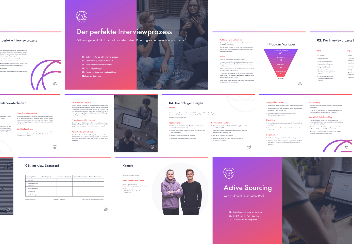 11 Screenshots von verschiedenen Whitepaper, die Recruitment Circle veröffentlicht hat. Darunter "Active Sourcing" und "Der perfekte Interviewprozess".