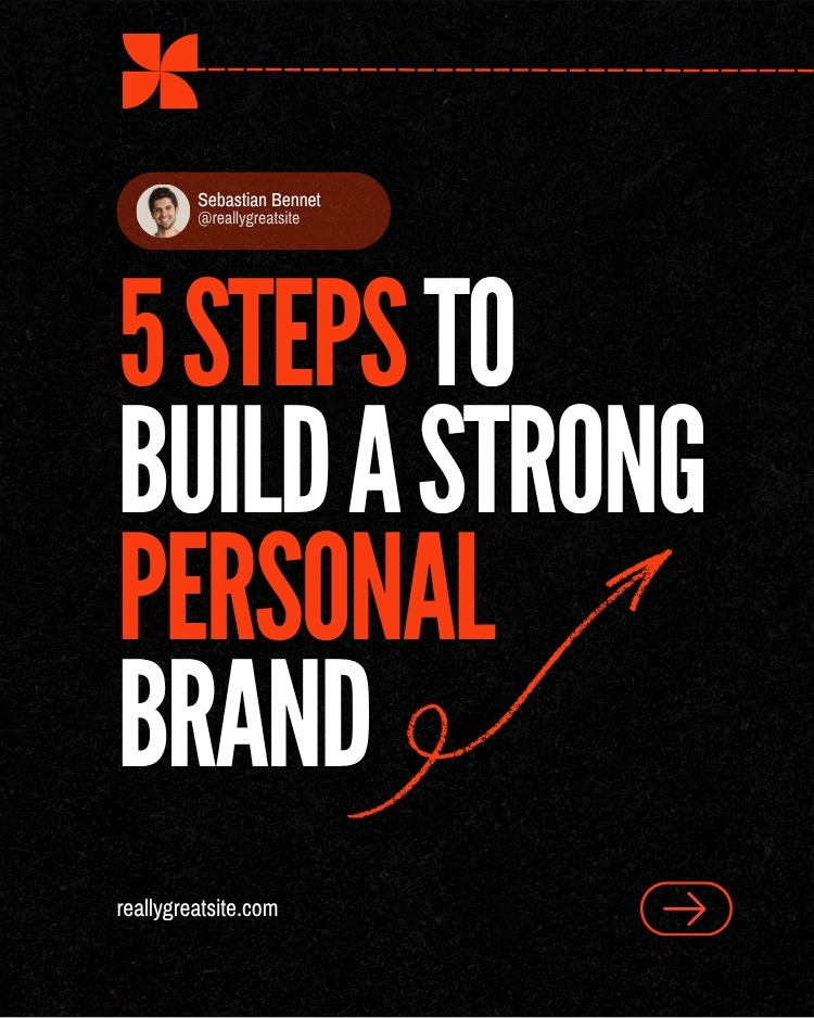 LinkedIn carousel graphic example, red and white font that reads "5 steps to build a strong personal brand" with red decorative graphics on a black background.