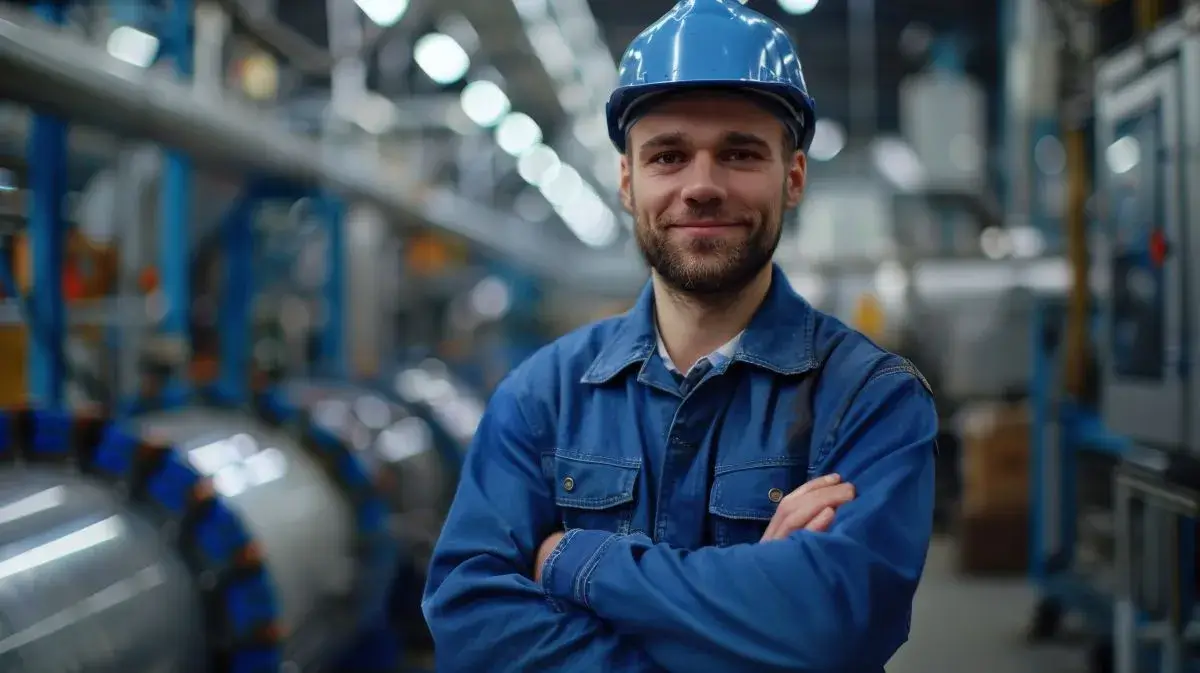 Man smiling at the camera wearing protective gear inside a manufacturing facility.