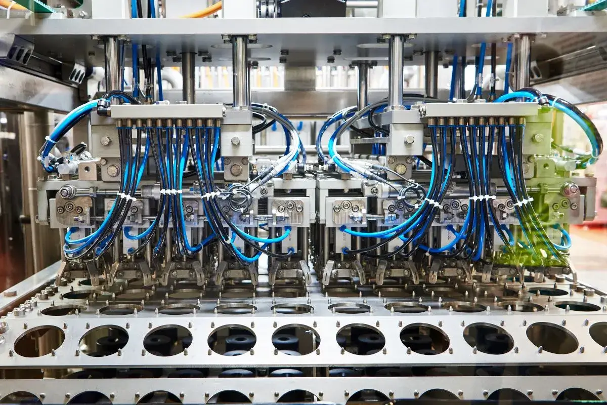 Inside a machine at a manufacturing facility.