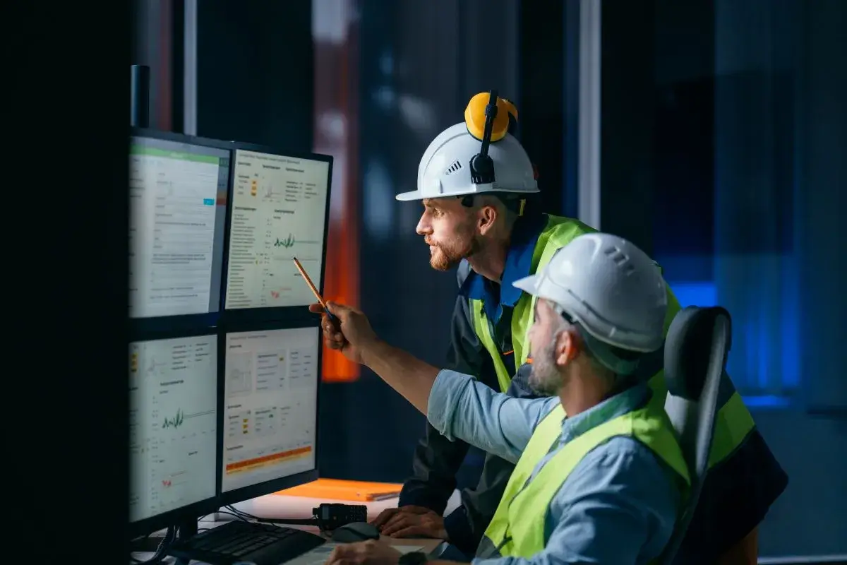 Two people in a manufacturing facility surrounded by two computer monitors.
