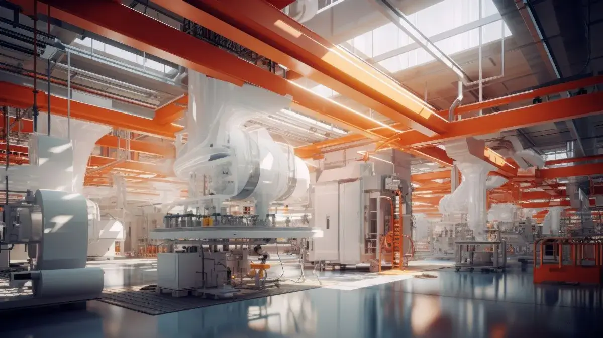 Manufacturing facility with a white and orange color scheme.