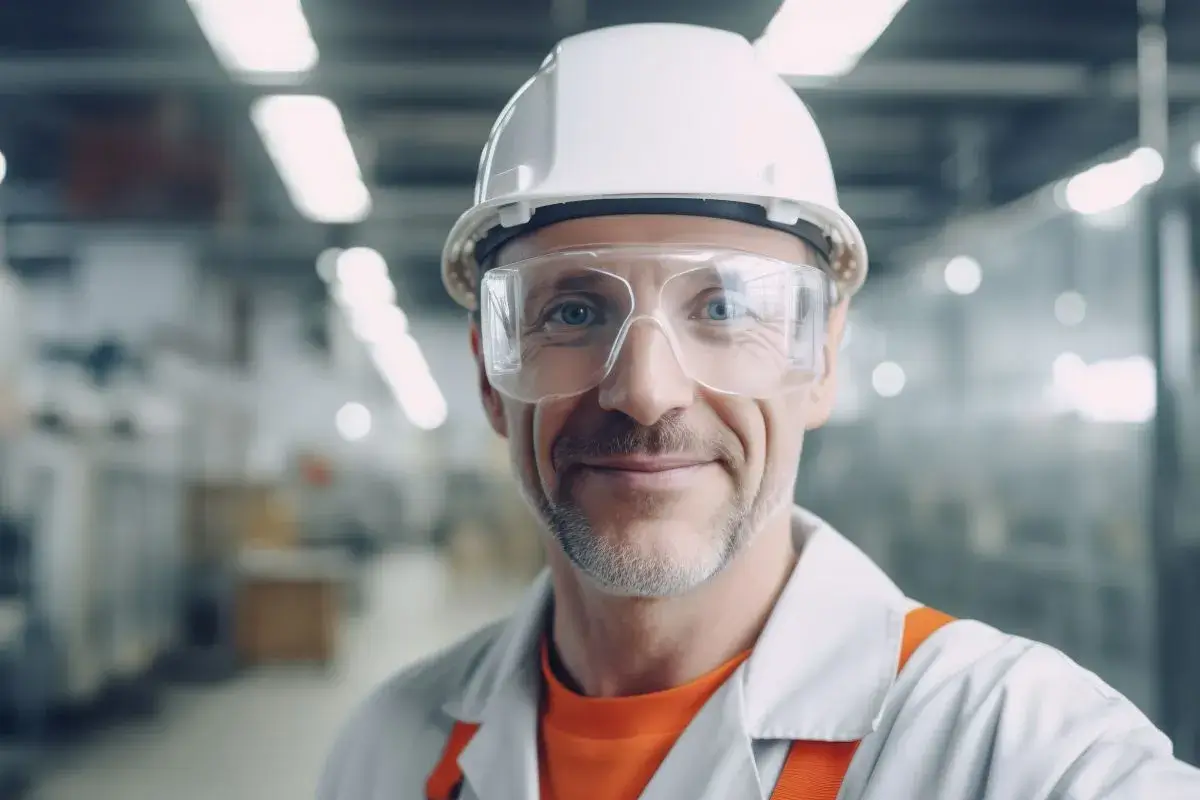 Close-up shot of a man in a manufacturing facility staring at the camera.