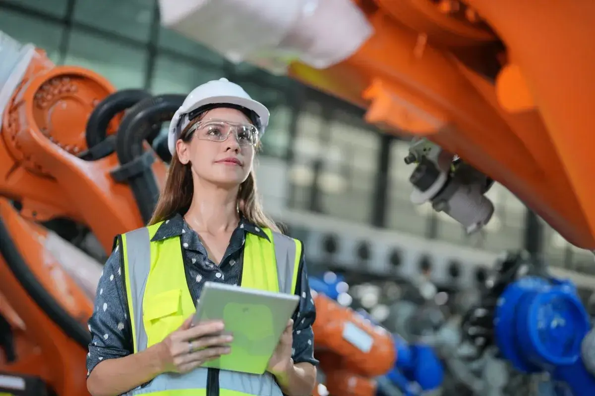 Woman holding a clipboard wearing construction gear while standing in a manufacturing facility.