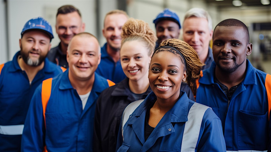 Group of people wearing blue and orange manufacturing uniforms.