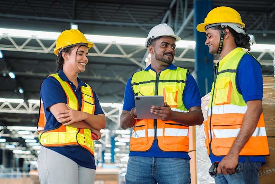 Three people in a manufacturing facility chatting with one another.