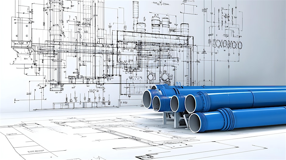 Blue pipes sitting on a white blueprint design paper.