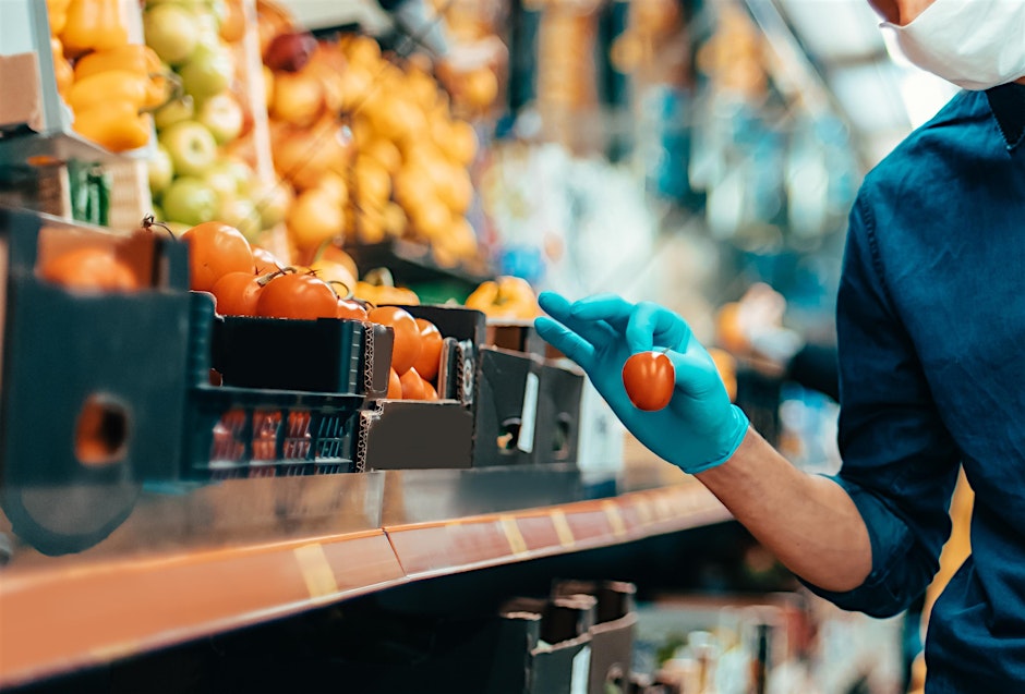 Person picking tomatoes in a food manufacturing facility.