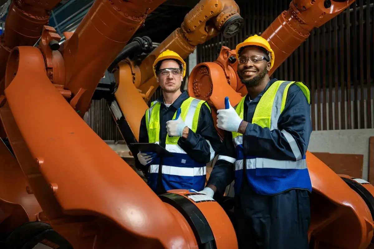 Two men in construction gear in a manufacturing facility giving a "thumbs up."