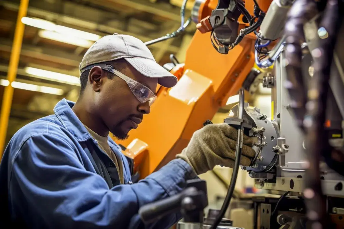 Man in manufacturing facility working on a machine.