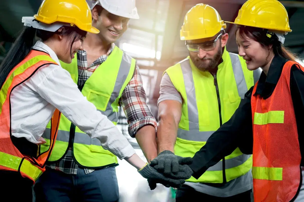 Group of people wearing manufacturing gear standing in a circle and going in for a high-five.