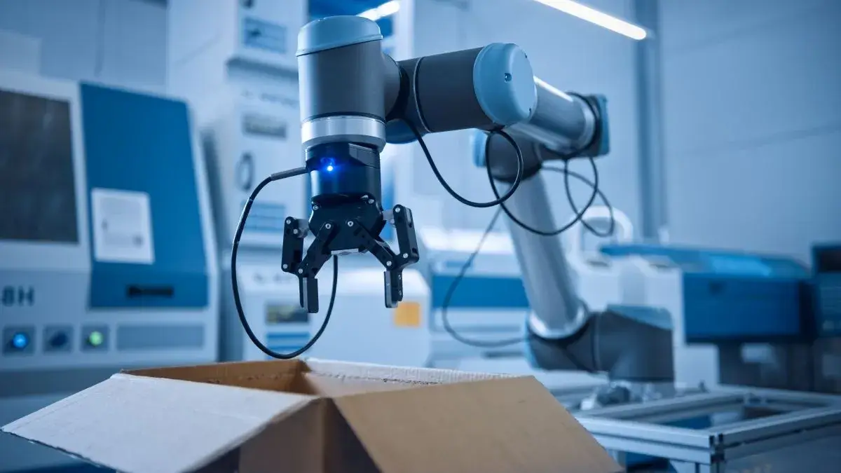 Robot placing an item from an assembly line into a cardboard box.