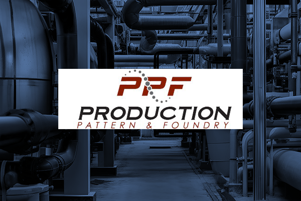 "PPF" logo in red text and below sits "production" in black text and then below that sits "pattern & foundry" in a light red color all sitting on a white background.